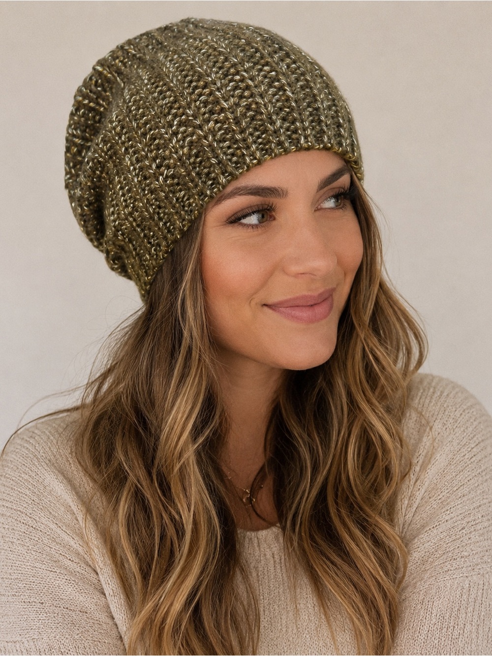 Mossimo Olive Green Metallic Slouchy Knit Beanie Hat